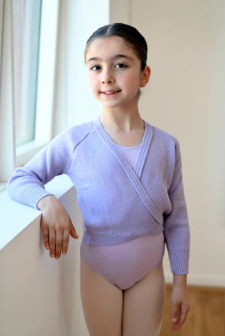 young ballet dancer in Roch Valley OL1 knitted arm-up wrap cardigan