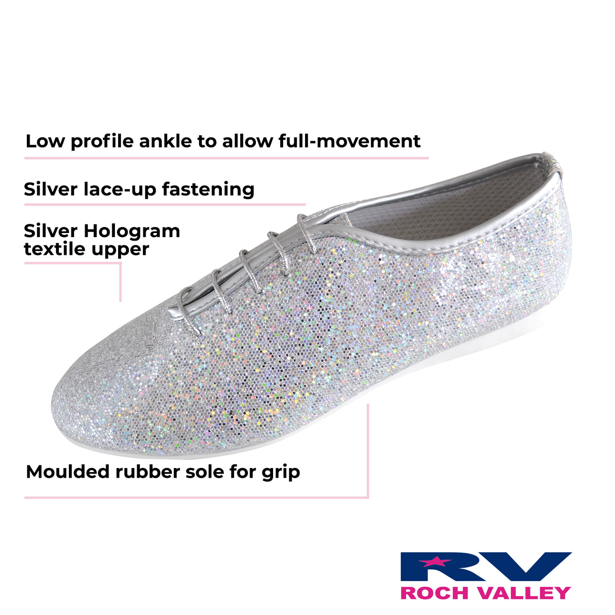 Silver glittery jazz shoes AJSHS from Roch Valley brand.